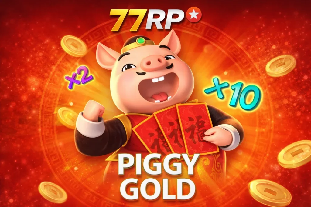 Tampilan permainan PIGGY GOLD di 77RP dengan tema pedesaan dan simbol babi emas yang ceria